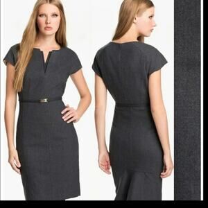 Ted Baker Wool Midi Sheath Dress Gray V-Neck Short Sleeve Size 0